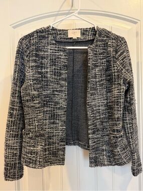 LOFT Black and White Tweed Open Front Jacket